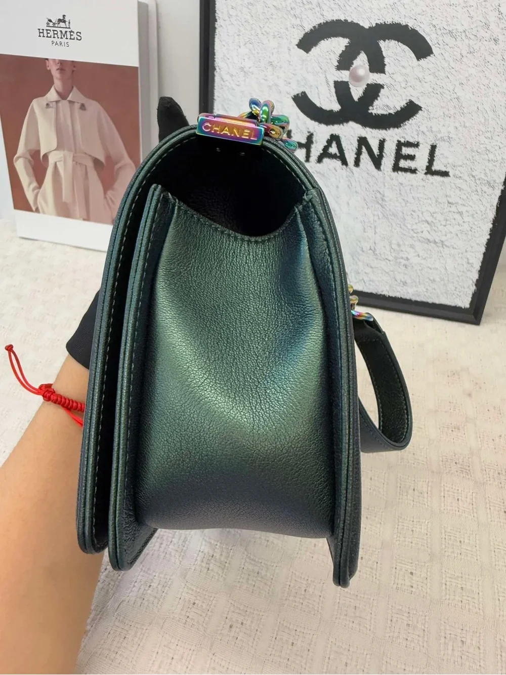 CHANEL LeBoy Iridescent Green Quilted Goatskin Flap Bag with Multicolor Hardware